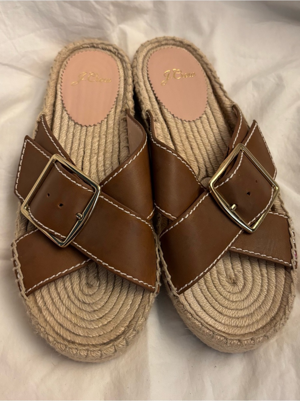 J. Crew Brown Leather Buckle Espadrille Slide Sandals